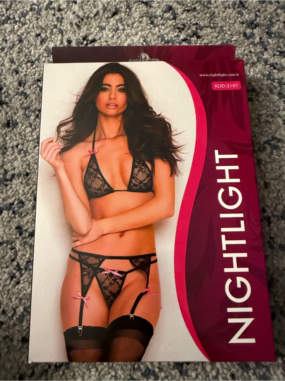 Black Lace Garter Lingerie Set with Pink Accents